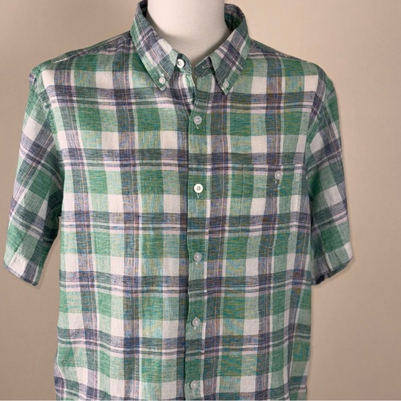 Weatherproof Other - Weatherproof Vintage Men’s Large Linen Green & White Plaid Short Sleeve Shirt